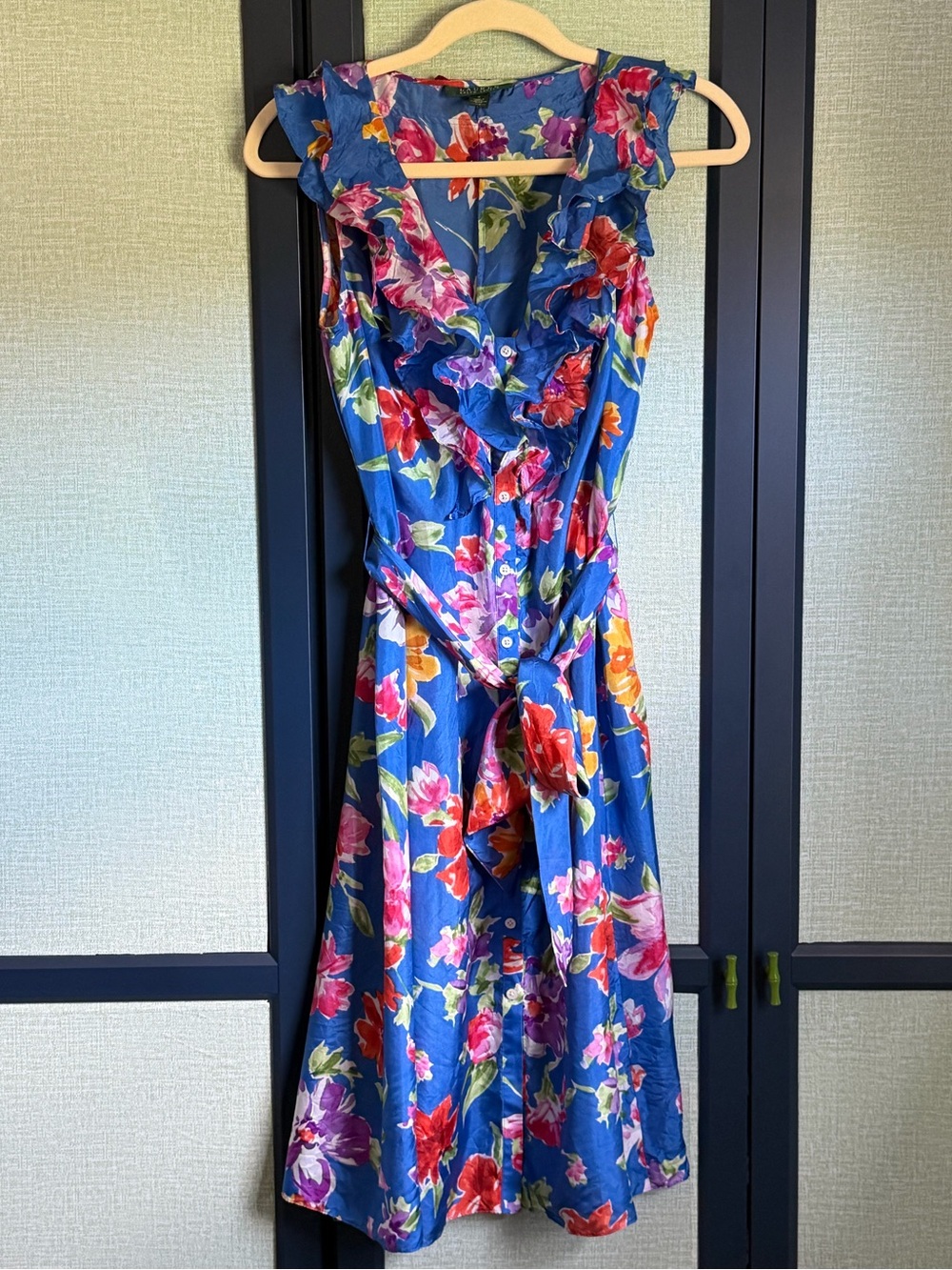 Lauren Ralph Lauren Floral Button Tie Front Ruffle 100% Silk Shirt Dress, Size 4